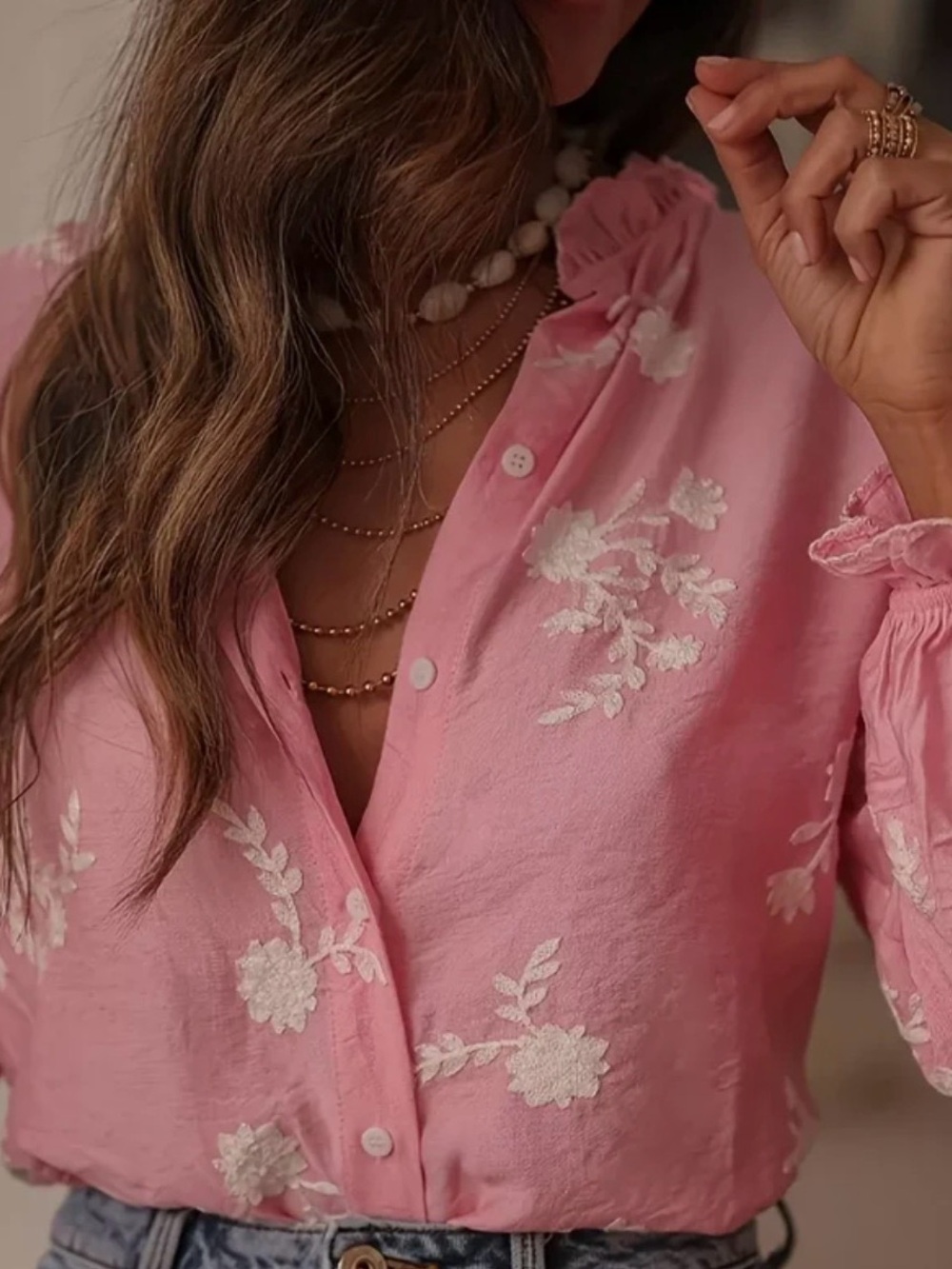 Boho Peasant Top Romantic Floral Collared Button-Up Ruffle Blouse Top Women’s M